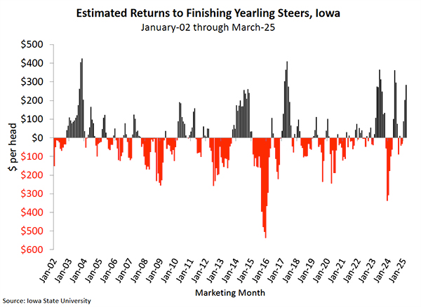 Figure 1. Estimated return to finishing yearling steers from January 2002 to March 2025.